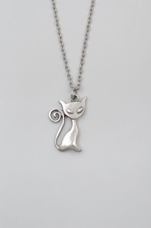 Mistik Kedi Düz Ezme Zincir Kolye - Antik Gümüş Kaplama - Kadın Erkek - 60 cm