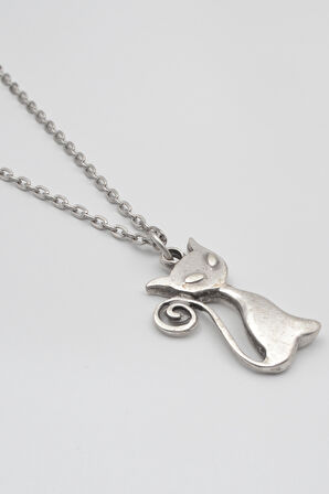 Mistik Kedi Düz Ezme Zincir Kolye - Antik Gümüş Kaplama - Kadın Erkek - 60 cm