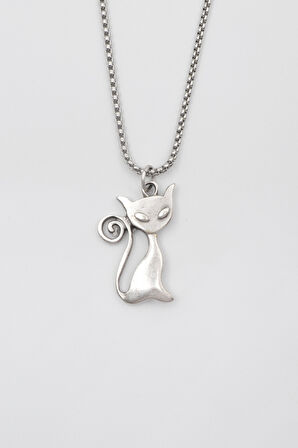 Mistik Kedi Örme Zincir Kolye - Antik Gümüş Kaplama - Kadın Erkek - 60 cm