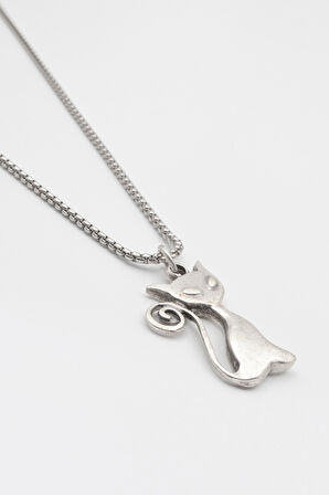 Mistik Kedi Örme Zincir Kolye - Antik Gümüş Kaplama - Kadın Erkek - 60 cm