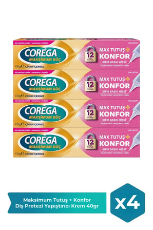 Corega Maksimum Tutuş + Konfor Diş Protezi Yapıştırıcı Krem 40 gr x 4 Adet