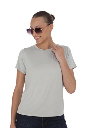 Viskon Dökümlü Tişört-Gri