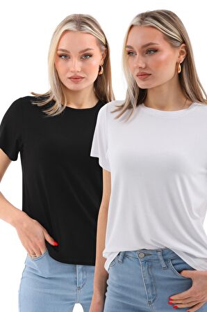  Viskon Dökümlü Tişört 2 Renk Seti-Siyah-Beyaz