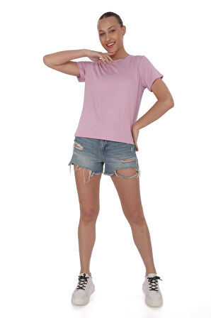 Viskon Dökümlü Tişört-Lavanta Pembesi 