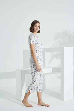 Angelique Bambu Kumaş Kısa Kol Dantel Detaylı Kadın Kapri Takım 22260