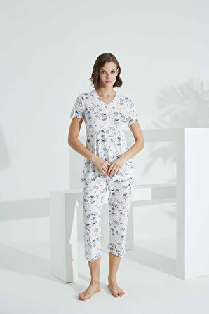 Angelique Bambu Kumaş Kısa Kol Dantel Detaylı Kadın Kapri Takım 22260