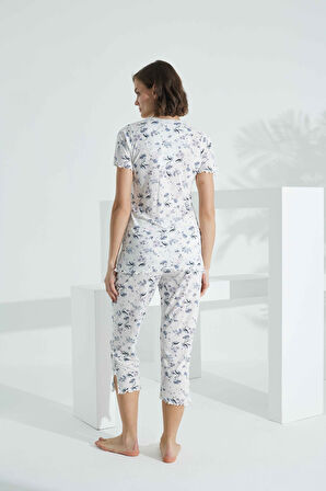 Angelique Bambu Kumaş Kısa Kol Dantel Detaylı Kadın Kapri Takım 22260