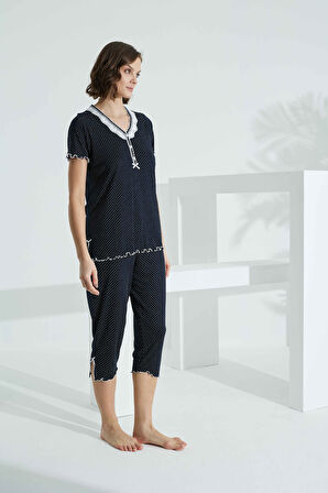 Angelique Bambu Kumaş Kısa Kol Dantel Detaylı Kadın Kapri Takım 22261