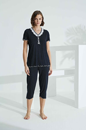 Angelique Bambu Kumaş Kısa Kol Dantel Detaylı Kadın Kapri Takım 22261