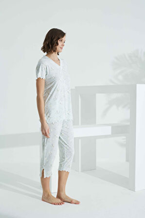 Angelique Bambu Kumaş Kısa Kol Dantel Detaylı Kadın Kapri Takım 22259