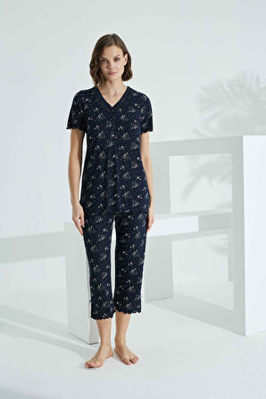 Angelique Bambu Kumaş Kısa Kol Dantel Detaylı Kadın Kapri Takım 22256