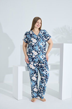 Bambu Kısa Kol Düğmeli Büyük Beden Kadın Pijama Takımı 74059