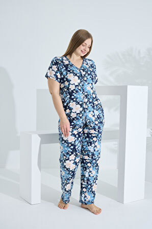 Bambu Kısa Kol Düğmeli Büyük Beden Kadın Pijama Takımı 74059