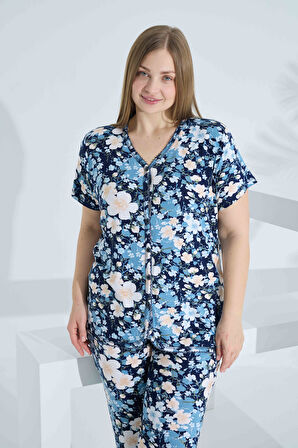 Bambu Kısa Kol Düğmeli Büyük Beden Kadın Pijama Takımı 74059