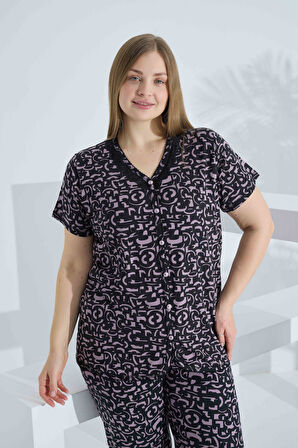 Bambu Kısa Kol Düğmeli Büyük Beden Kadın Pijama Takımı 74058