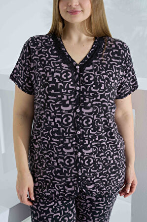 Bambu Kısa Kol Düğmeli Büyük Beden Kadın Pijama Takımı 74058