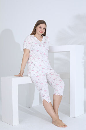 Angelique Bambu Kumaş Kısa Kol Dantel Detaylı Kadın Kapri Takım 22269