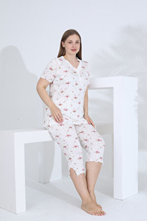 Angelique Bambu Kumaş Kısa Kol Dantel Detaylı Kadın Kapri Takım 22268