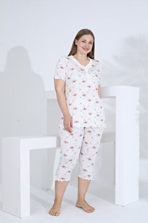 Angelique Bambu Kumaş Kısa Kol Dantel Detaylı Kadın Kapri Takım 22268