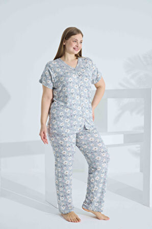 Bambu Kısa Kol Düğmeli Büyük Beden Kadın Pijama Takımı 74056