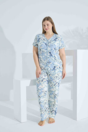 Bambu Kısa Kol Düğmeli Büyük Beden Kadın Pijama Takımı 74057