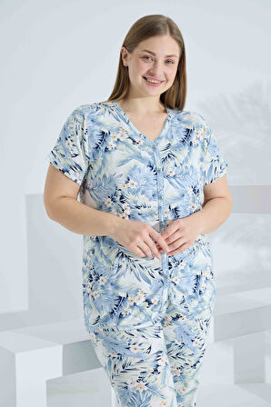 Bambu Kısa Kol Düğmeli Büyük Beden Kadın Pijama Takımı 74057