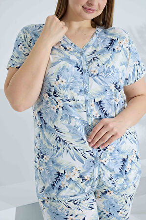 Bambu Kısa Kol Düğmeli Büyük Beden Kadın Pijama Takımı 74057