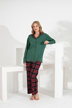 Angelique %100 Pamuk Uzun Kol Ekose Kadın Pijama Takımı 21224-25-26-27