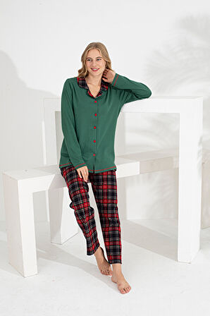 Angelique %100 Pamuk Uzun Kol Ekose Kadın Pijama Takımı 21224-25-26-27