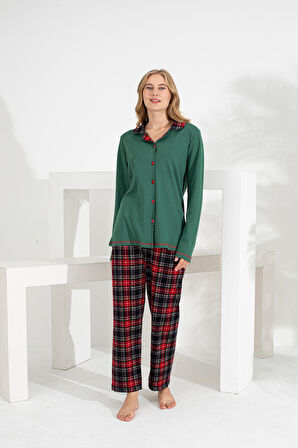 Angelique %100 Pamuk Uzun Kol Ekose Kadın Pijama Takımı 21224-25-26-27