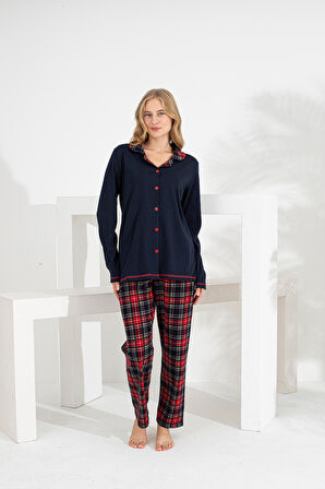 Angelique %100 Pamuk Uzun Kol Ekose Kadın Pijama Takımı 21224-25-26-27