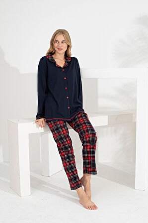 Angelique %100 Pamuk Uzun Kol Ekose Kadın Pijama Takımı 21224-25-26-27