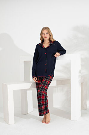 Angelique %100 Pamuk Uzun Kol Ekose Kadın Pijama Takımı 21224-25-26-27