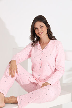 Etoile %100 Pamuk Uzun Kol Önden Düğmeli Kalpli Kadın Pijama Takımı 98300-301