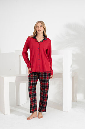 Angelique %100 Pamuk Uzun Kol Ekose Kadın Pijama Takımı 21224-25-26-27