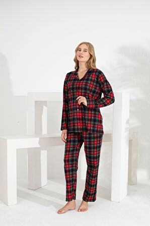 Angelique %100 Pamuk Uzun Kol Ekose Kadın Pijama Takımı 21224-25-26-27
