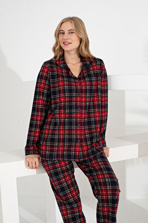 Angelique %100 Pamuk Uzun Kol Ekose Kadın Pijama Takımı 21224-25-26-27