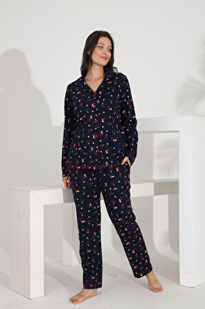 Etoile %100 Pamuk Uzun Kol Boydan Düğmeli Cepli Kadın Pijama Takımı 98302-303