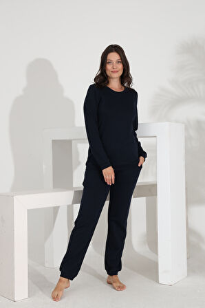 Etoile %100 Pamuk Uzun Kol Düz Renk Manşetli Cepli Kadın Pijama Takımı 98512