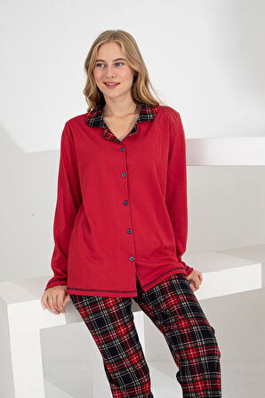 Angelique %100 Pamuk Uzun Kol Ekose Kadın Pijama Takımı 21224-25-26-27