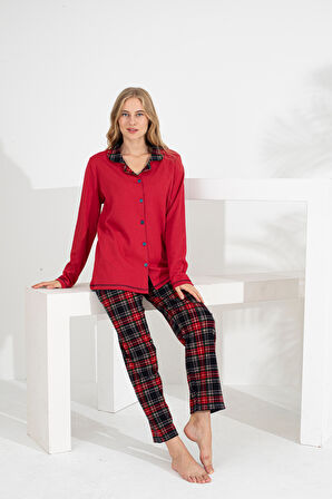 Angelique %100 Pamuk Uzun Kol Ekose Kadın Pijama Takımı 21224-25-26-27