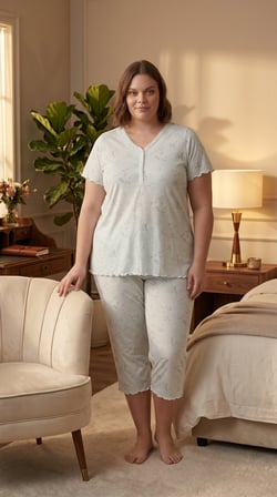 Etoile Büyük Beden Bambu Kumaş Kısa Kol Fırfır Detaylı Çiçek Desenli Kadın Kapri Takım 22329