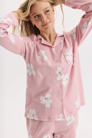 %100 Pamuk Kumaş Uzun Kol Önden Düğmeli Çiçek Desenli Gömlek Yaka Pijama Takımı 27302-27303