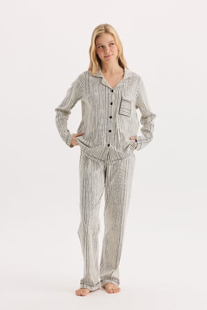 %100 Pamuk Kumaş Uzun Kol Önden Düğmeli Gömlek Yaka Pijama Takımı 27301