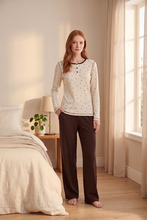 %100 Pamuklu Uzun Kollu Yumuşak Dokulu Rahat Kesim Pijama Takım 27402
