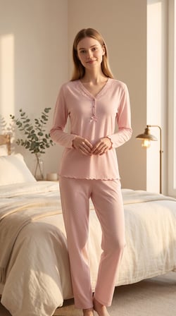 Bambu Kumaş Uzun Kol Fırfır ve Fiyonk Detaylı Puantiyeli Pijama Takım 22035-22036