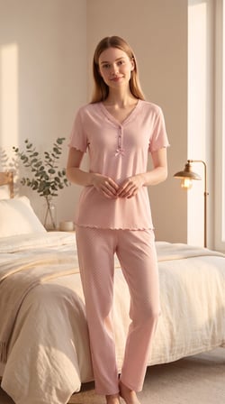 Bambu Kumaş Kısa Kol Fırfır ve Fiyonk Detaylı Puantiyeli Pijama Takım 22037-22038