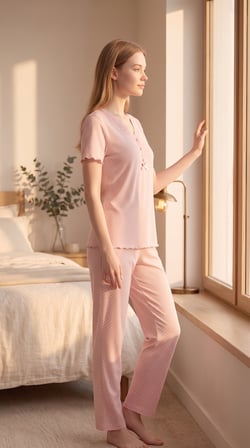 Bambu Kumaş Kısa Kol Fırfır ve Fiyonk Detaylı Puantiyeli Pijama Takım 22037-22038