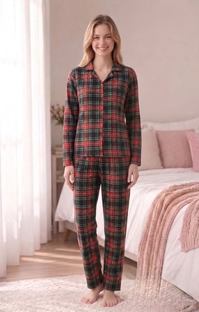 Angelique Termal Kumaş Uzun Kollu Yumuşak Dokulu Ekose Pijama Takım 40201-40204