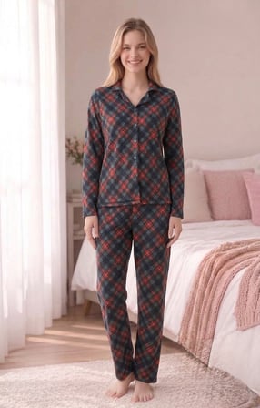 Angelique Termal Kumaş Uzun Kollu Yumuşak Dokulu Ekose Pijama Takım 40201-40204